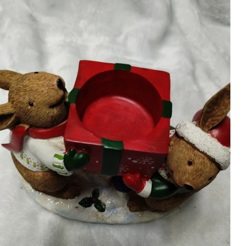 Yankee Candle Christmas Bunnies Tea‎ Light Holder Red Gift Box Figurine 1132752